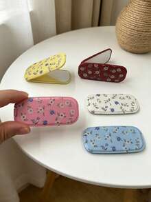 1pc Faux Leather Texture Mirror Phone Stand Makeup Mirror Adhesive Foldable Mirror Back Sticker Horizontal & Vertical Dual-Use Portable Desktop Stand - Multicolored Blue and White Flowers - View 2