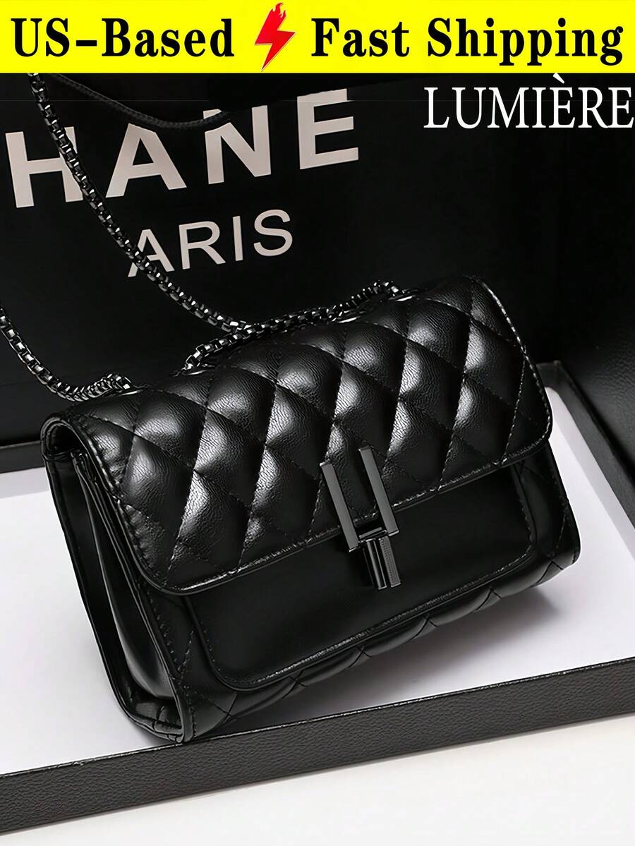 Elegant Black Quilted Crossbody Bag For Women Metal Chain Strap Shoulder Purse, Adjustable Strap, Polyester Lined, Urban Fashion Accessory - 黑色 - 查看 1