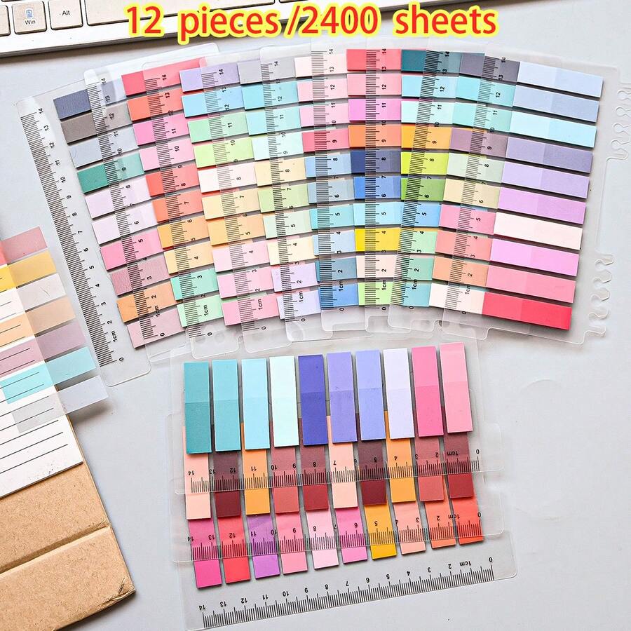 12piezas/ 2400 Hojas Notas Adhesivas de Índice Multicolor Degradado Mezclado, 200 Hojas por Tarjeta, Con Regla, Pegatinas Marcadoras de Página Autoadhesivas, Papelería de Oficina y Estudio, Para Clasificación de Archivos y Toma de Notas