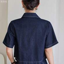 yonghongmaoyi1  Chaqueta vaquera de mujer de manga corta con bolsillo parche, estilo informal, lavada, con botones, para el verano - Azul - Ver 9