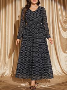Voworia Plus Size Elegant Geometric Print Long Sleeve Dress Vacation Spring Black - Black - View 2