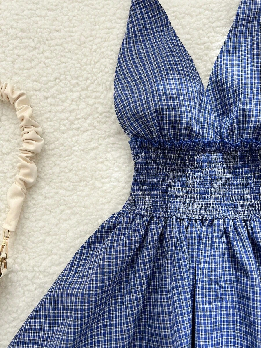 Women's Halter Neck Midi Dress With Ruffles And Blue Plaid Tie - Blue - View 1