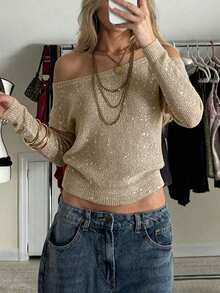 Live To Mo Autumn Y2K Women's Casual Open Shoulder Knit Top, Fashionable Sequin Sweater, Suitable For Back To School And Daily Wear - Khaki - View 2