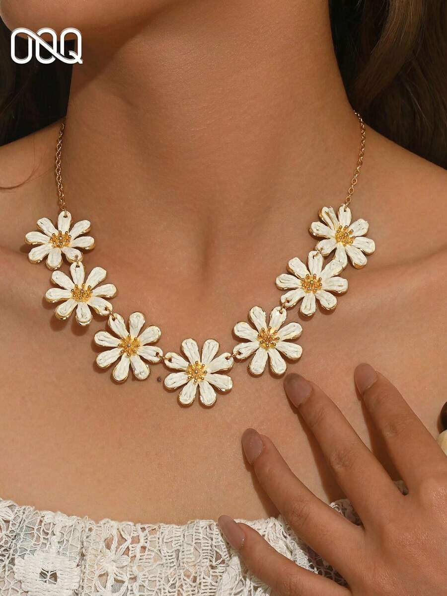 OOQ 1pc Handmade Raffia White Flower Women's Fashion Necklace, Elegant Minimalist Style Fresh Casual Elegant Necklace, Suitable For Vacation, Holiday, Party, Beach, Banquet, Gift For Best Friends And Family (Handmade Raffia Weaving Method, Direction And Shape Random) - White - View 1