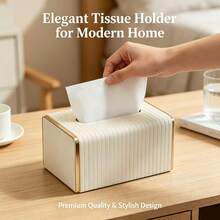 PU Leather Striped Tissue Box, Nordic Luxury Hotel Style Gold-Edged Tissue Box, Creative Large Tissue Dispenser, Suitable For Living Room And Bedroom, Home Essential - Multicolor - View 1