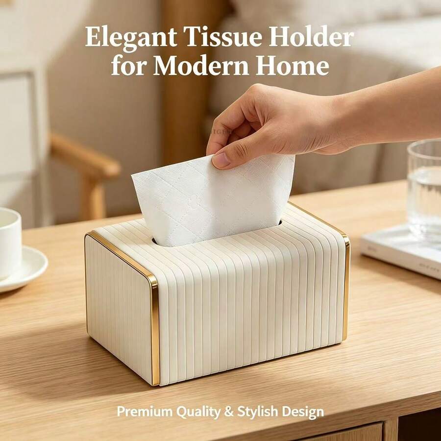 PU Leather Striped Tissue Box, Nordic Luxury Hotel Style Gold-Edged Tissue Box, Creative Large Tissue Dispenser, Suitable For Living Room And Bedroom, Home Essential - Multicolor - View 1