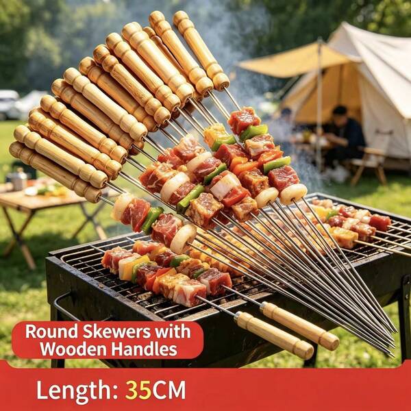 Barbecue Iron Skewers, (35CM Long) Outdoor Picnic Camping, Family Gathering, Friends Gathering, Company Gathering Various Party Barbecue (Some Handles May Have Slight Cracks, Which Is A Normal Manufacturing Phenomenon And Does Not Affect Normal Use, Please Use With Confidence)