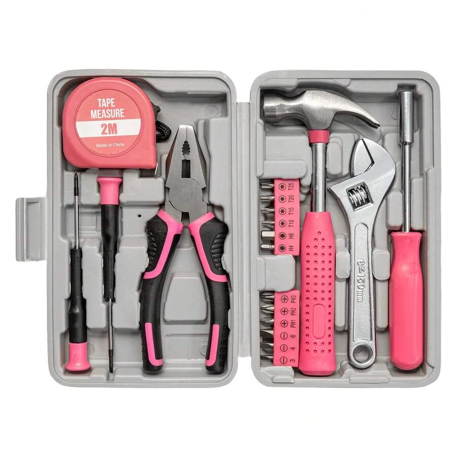 Home Repair Tool Kit - Portable Hand Tool Set With Hammer, Vise, Wrenches, Screwdrivers & More - Ideal For DIY Projects & Emergency Car Maintenance - DIY Tool Kit | Organized Tool Storage - Pink - View 1