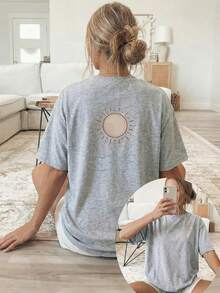 [Double-Sided Print] Women's Spring/Summer Loose Casual Clothing, Short Sleeve T-Shirt With Round Neck And Sun And Wave Print - 灰色 - 查看 1