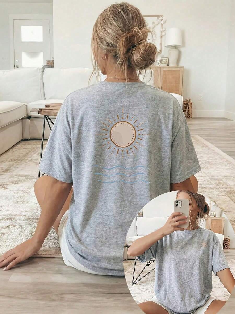 [Double-Sided Print] Women's Spring/Summer Loose Casual Clothing, Short Sleeve T-Shirt With Round Neck And Sun And Wave Print - 灰色 - 查看 1