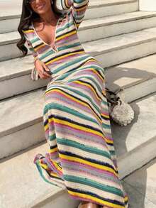 Women's Bohemian Style Striped Deep V-Neck Long Sleeve Knit Rainbow Striped A-Line Elegant Summer Autumn Dress - Multicolor - View 3