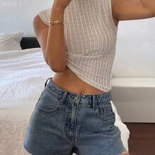 xuehuamaoyi02  Shorts vaqueros cortos con flecos para mujer, de moda para el verano - Gris Claro - Ver 4