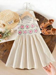 Robe débardeur élégante et à la mode pour jeune fille, à bretelles spaghetti, avec garniture de ruban en crochet floral, style vacances d'été - Nude - Voir 3