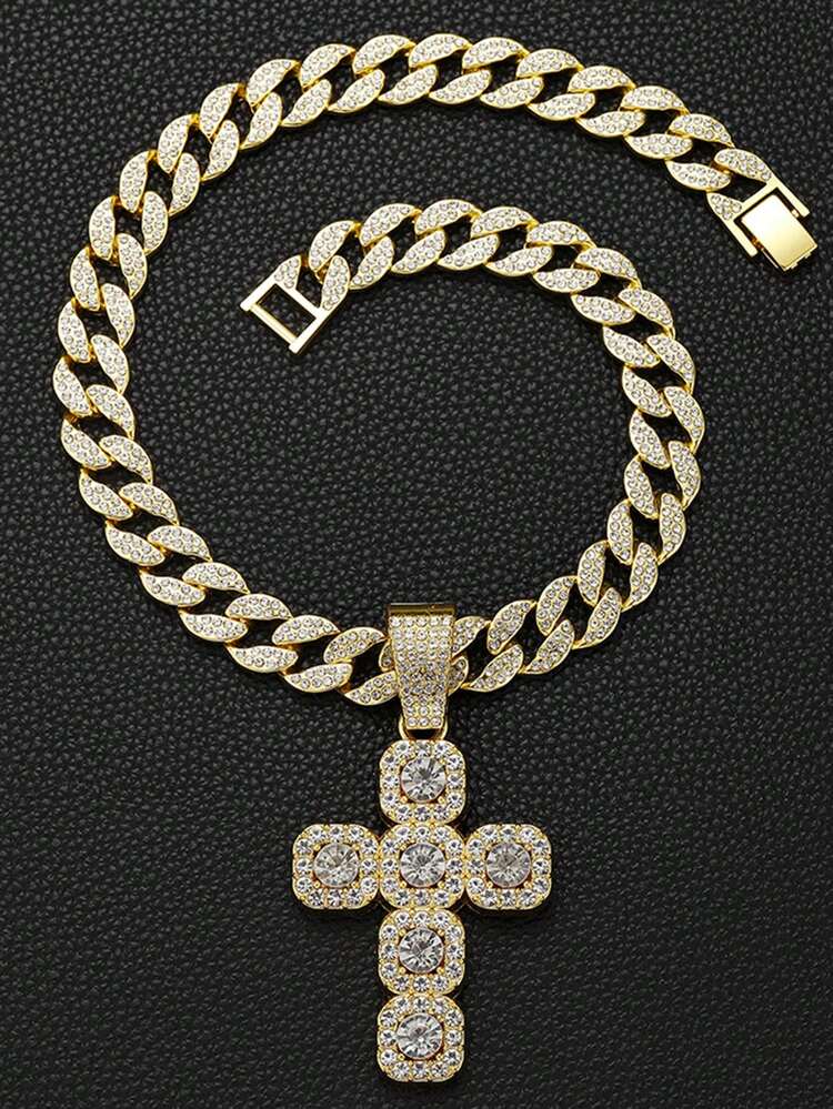 Rhinestone Cross Pendant Cuban Chain Necklace, Full Rhinestone Miami Chain Hip Hop Jewelry, Unisex - Rock Sugar Cross Pendant Necklace - View 9