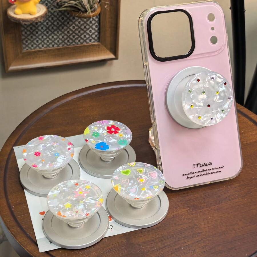 1pc Colorful Small Chrysanthemum Back Magnetic Adsorption Iridescent Shell Pattern Airbag Stand Retractable Slouchy Phone Holder Phone Case Accessory, Suitable As Gift For Friends, Reusable, Easy To Detach - Multicolor - View 1