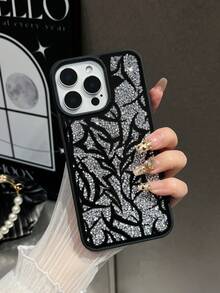 1pc Black & White Lightning Mirror Rhinestone Skin-Feel Spray Painted Phone Case Compatible With 17promax/16plus/15pro/14/13 - Black and White - View 2
