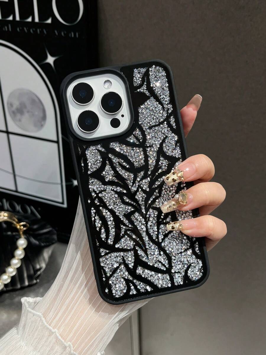 1pc Black & White Lightning Mirror Rhinestone Skin-Feel Spray Painted Phone Case Compatible With 17promax/16plus/15pro/14/13