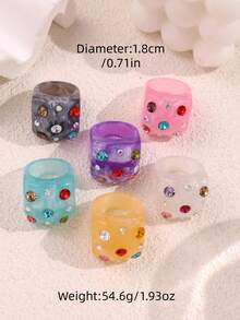 6 piezas/Set de anillos de resina con incrustaciones de strass, diseño geométrico exagerado, colorido, versátil, creativo, único, elegante y de alta gama para mujer, uso diario, joyería para fiestas y vacaciones - Multicolor - Ver 9