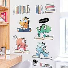 1pc PVC Cartoon Wall Sticker Self-Adhesive Decorative Bedroom Decor Study Room Sticker Cute Dinosaur Reading Pattern - one-size - View 7