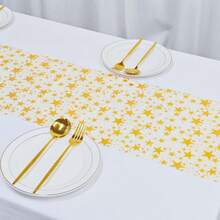 1 Roll Gold Large Star Table Runner, Polyester Tulle Fabric, Suitable For Home Decor Design, Atmosphere Decoration, Tabletop Display And Arrangement - View 3