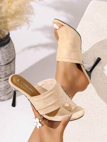 Chic Plus Size Stiletto Heel Slip-On Closed Toe Sandals, Fashionable Versatile High Heel Slides - Beige - View 1
