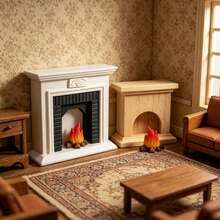 Miniature Realistic White & Black / Natural Wood Fireplace + Flame Ornament Set Model, Miniature Home Living Room Scene Decoration Accessories, DIY Photography Props, Collection Gift For Hobbyists And Enthusiasts - Multicolor - View 5