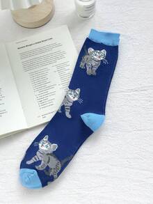 1/5 Paar blaue niedliche Katzenmuster lange Socken, Damen lustige lässige Tierserie Socken, atmungsaktive und feuchtigkeitsableitende Sportsocken, geeignet für Outdoor-Sport, Heimfitness, tägliches Pendeln - Verschiedenfarbig - Übersicht 16