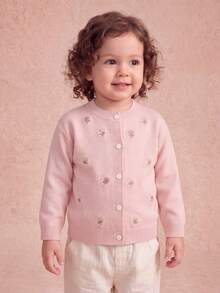 Baby Girl Knitted Floral Embroidery Round Neck Cardigan - Pink - View 7