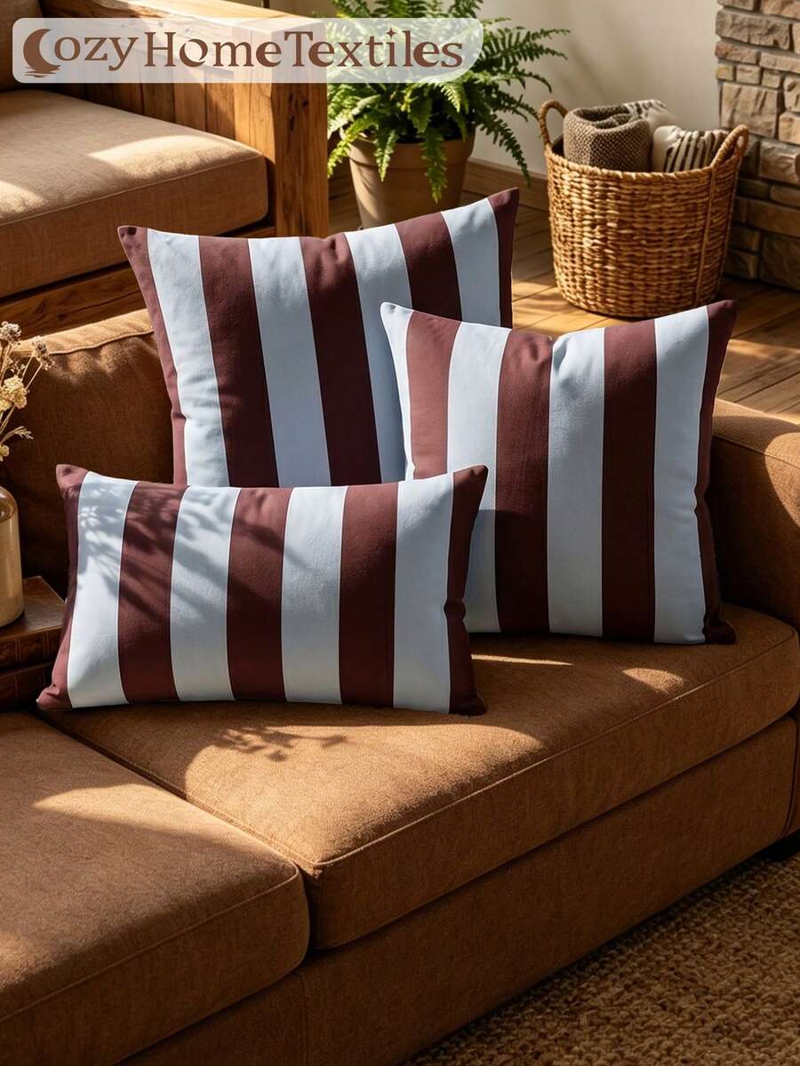 1/2件裝經典百搭棕藍條紋枕套/靠墊套，單面印花，透氣防起球，舒適親膚，可機洗，適用沙發與汽車枕頭，45*45/50*50CM，客廳沙發裝飾，返校季