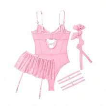 Lilosy Sexy Stocking Rhinestones Heart Garter Underwire Floral Mesh Lace Sheer Babydoll Lingerie Teddy Bodysuit Skirt Set - 粉色 - 查看 5
