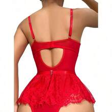 Lilosy Sexy Stocking Rhinestones Heart Garter Underwire Floral Mesh Lace Sheer Babydoll Lingerie Teddy Bodysuit Skirt Set - 鮮紅色 - 查看 2