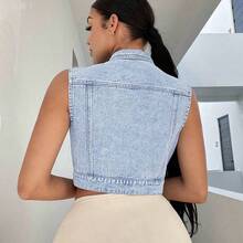 jianchaimaoyi02   Cazadora chaleco con bolsillo con solapa con botón delantero crop mezclilla - Blanco - Ver 8