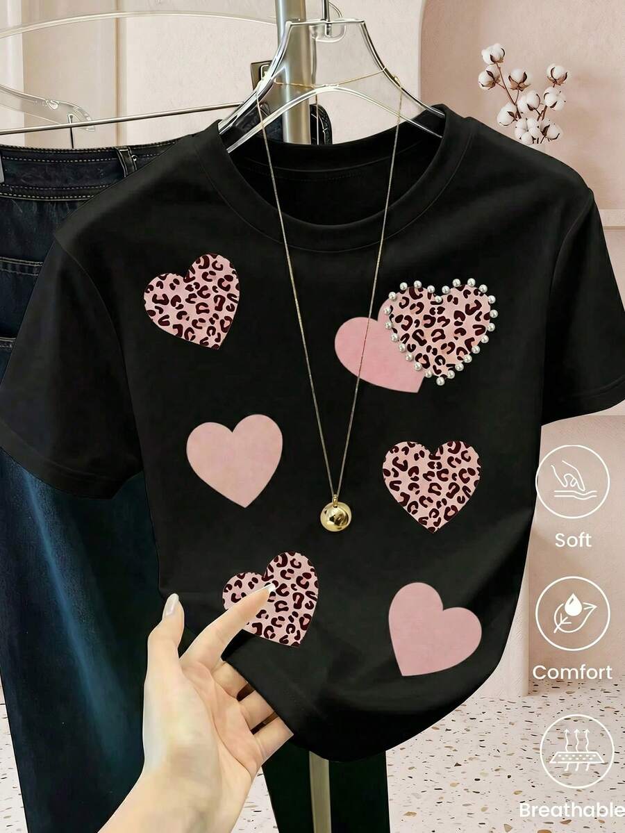 Women's Casual Black Short-Sleeved T-Shirt With Pink Leopard Print Heart Appliqués And Pearl Embellishments, Regular Fit Polyester Top With Round Neck And Lightweight - 黑色 - 查看 1