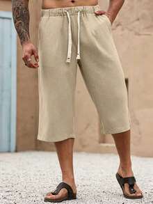 Celana Linen Pria 3/4, Lembut dan Nyaman, Cocok untuk Liburan Pantai, Jalan-jalan Santai, Hadiah yang Bagus untuk Pria - Khaki - View 2