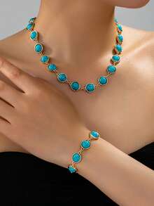 2pcs Bohemian Faux Turquoise Necklace & Bracelet Set, Gold Round Bezel Collarbone Chain, Women's Daily Versatile Accessory - Turquoise - View 5