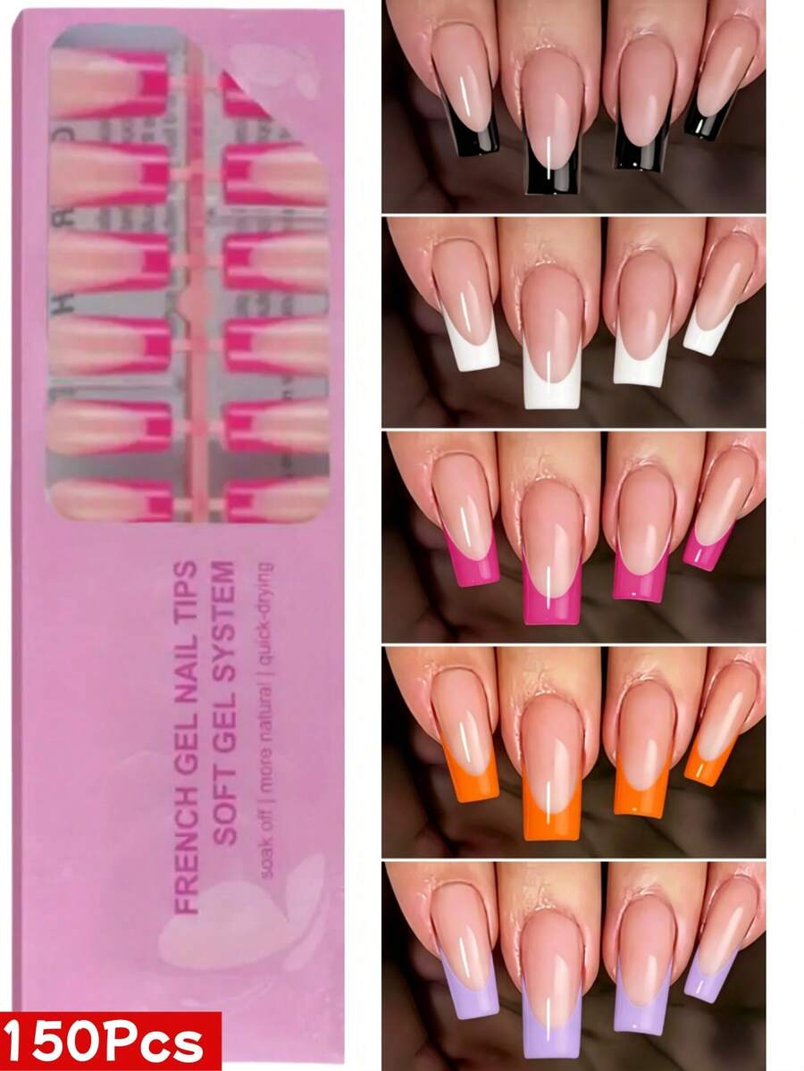 150 buah Stiker Kuku French Manicure Persegi Panjang, 5 Warna Termasuk Biru, Hijau, Hitam, Putih, dan Merah Muda, Mudah Diaplikasikan, Dapat Direndam dan Dilepas, Kuku Berkualitas Salon di Rumah, Gaya Musim Panas Minimalis Serbaguna, 15 Ukuran Cocok untuk Wanita