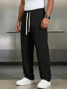 Plus Size Men's Casual Solid Color Straight Leg Pants, No Belt Loops, Spring/Summer - Black - View 4