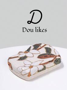 Dou Likes 中式風格手提包，香檳色亮片刺繡花卉鏈條晚宴包，搭配可調節細金鏈，完美適配中式旗袍、輕奢晚禮服、日常優雅穿搭，瞬間提升整體風格，點亮造型的完美收尾配件 - 杏色 - 查看 7