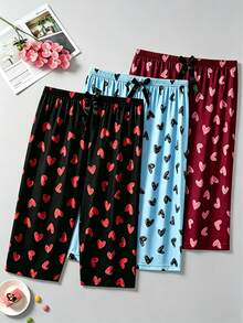 3pcs Women's Plus Size Casual Pajama Pants, Heart Print Bowknot Elastic Waist Loose Home Wear Capri Pants - Multicolor - View 1