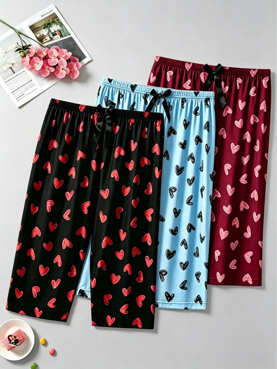3pcs Women's Plus Size Casual Pajama Pants, Heart Print Bowknot Elastic Waist Loose Home Wear Capri Pants - Multicolor - View 1