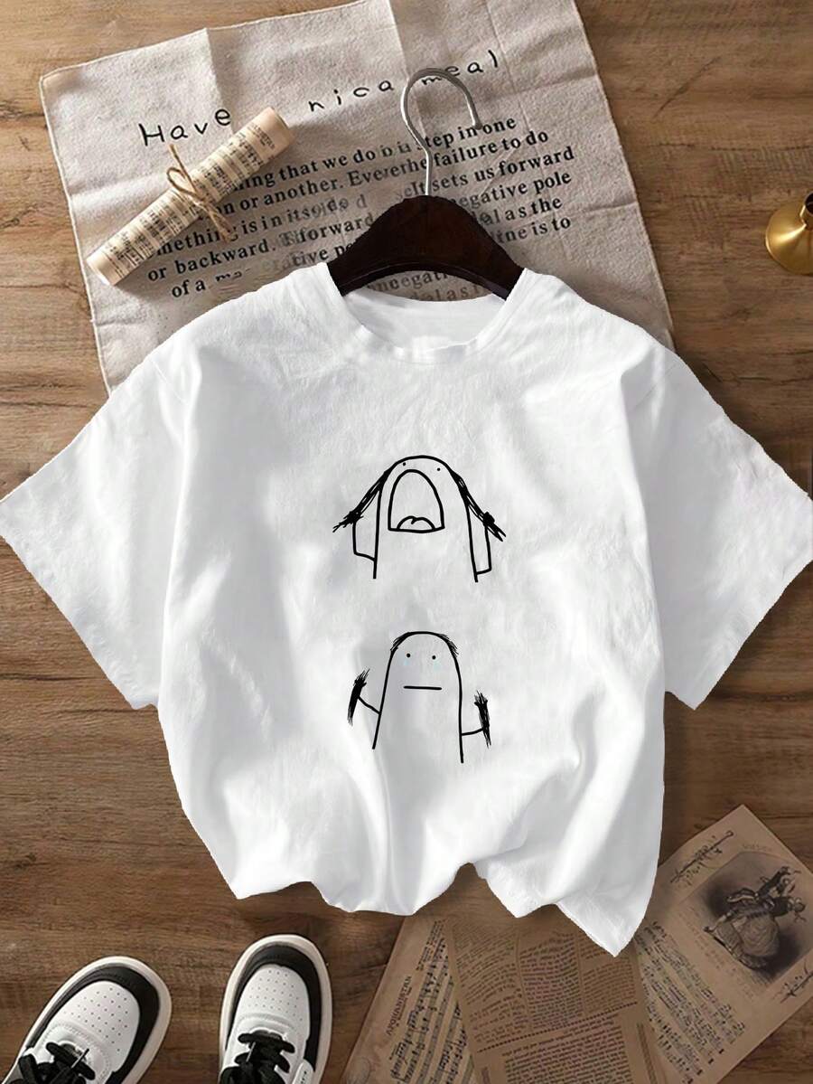 Plus Size Women's Casual Cute Sad Expression Print T-Shirt, Round Neck Short Sleeve, Spring/Summer/Autumn, Vacation Top White - White - View 1