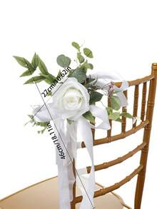 6pcs Rose Flower Wedding Chair Back Decor With Leaves And Ribbon, Wedding Aisle Chair Decorations, Church Chair Bench Decor For Wedding Ceremony - White - View 6