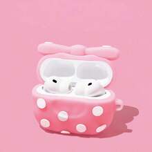 Polka Dot Bow Earphone Case, Cartoon Dirt-Resistant Hard Shell, Pendant, Girly Accessory, Full Protection - Pink - View 3