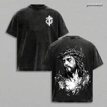 Camiseta unisex 100% algodón lavado vintage, estampado anime estilo Y2K, diseño moderno de moda, tacto suave y confortable, corte holgado, ideal para uso diario y excelente opción de regalo. - Negro - Ver 1