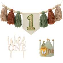 Ensemble de 3 décorations pour premier anniversaire sur le thème de la nature (vert et marron) : banderole pailletée avec chiffres pour chaise haute, chapeau couronne d'anniversaire et décoration pour gâteau. Accessoires photo et décoration pour gâteau d'anniversaire. - Voir 2