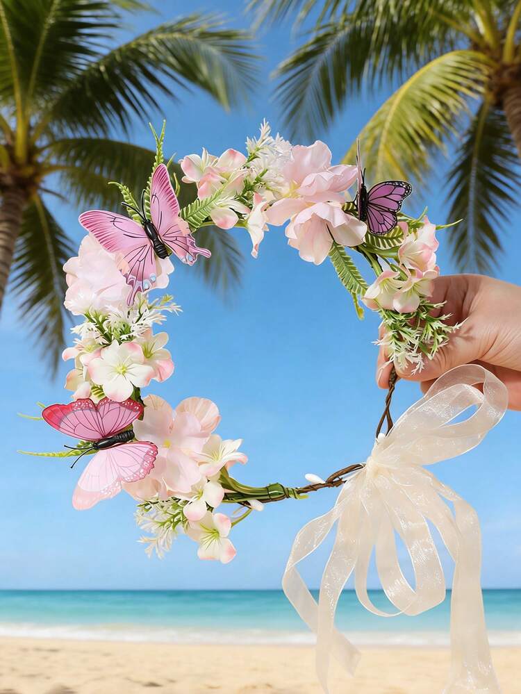 1pc Girl's Faux Flower Wreath, Elegant Hydrangea & Butterfly Floral Headband, Suitable For Graduation, Travel, Photo Shoot, Random Butterfly Flower Design - Pink - View 5