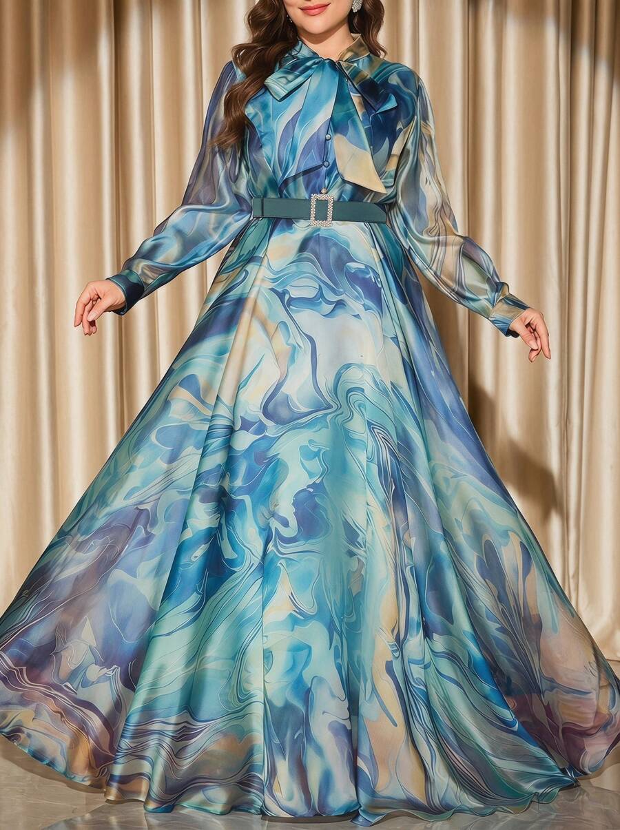 Voworia Vestido largo y elegante con cuello de cinta, estampado de olas aleatorio, decoración con cinturón de strass para mujeres de talla grande, primavera y vacaciones - Multicolor - Ver 1