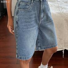 xuehuamaoyi02  Shorts vaqueros tipo bermuda de ajuste holgado con bolsillos para mujer, estilo Y2K para el verano - Azul - Ver 6