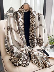 1 Buah Syal Sutra Imitasi Elegan Motif Leopard Vintage dengan Pola Rantai untuk Wanita, Syal Panjang untuk Pantai, Pelindung Matahari, Syal Serbaguna Modis untuk Pemakaian dan Dekorasi Sehari-hari - Putih - View 6