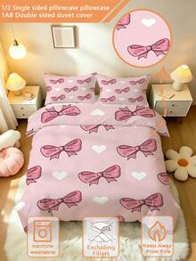 2/3pcs Pink Bow & Heart Children Bedding Set (Spring/Summer Series) Double-Sided Printed Duvet Cover Set, Suitable For Children, Teenagers, Boys And Girls All Seasons, Zipper Closure (Filling Not Included), Pillowcase Size 50x75cm, 100% Polyester - Multicolor - View 1
